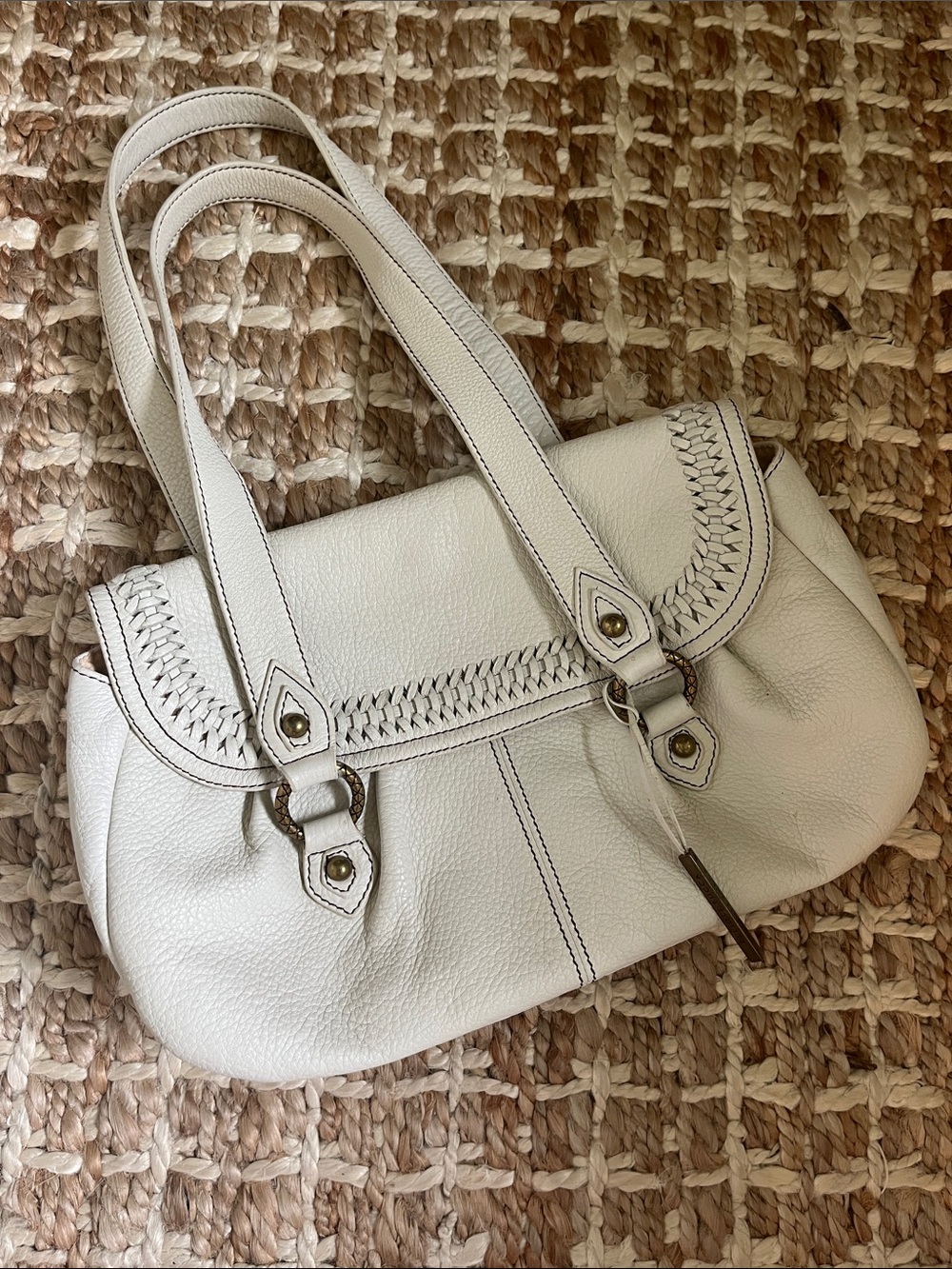 Elliott Lucca Cream Leather Braided-Trim Shoulder Bag